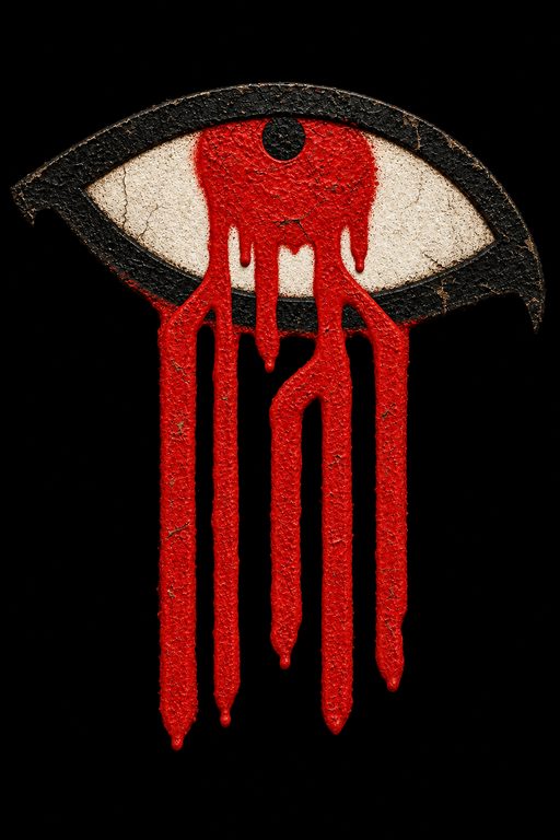 The Eye: a stencilled almond eye with five straight red streams falling from it